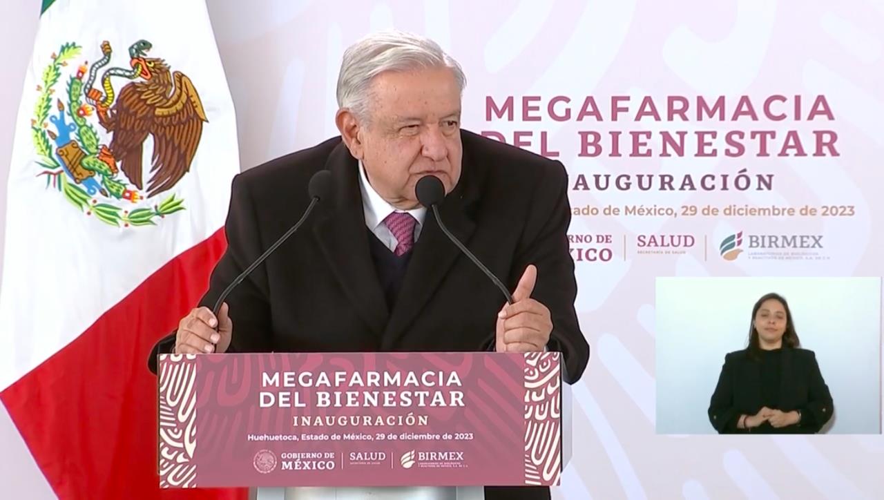 AMLO en conferencia del 29 de diciembre en Huehuetoca por la inauguración de la Mega Farmacia del Bienestar. Fuente: X (antes Twitter)