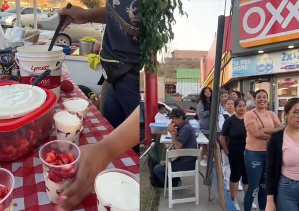 Presume mujer récord de vender fresas con crema; hacen fila de hasta dos horas