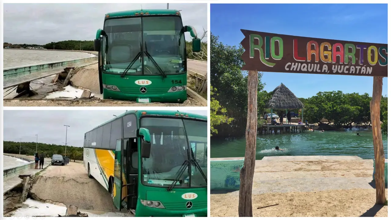 Un autobús se accidentó por un socavón mientras se dirigía hacia un ojo de agua conocido como ‘Chiquila’ Foto: Facebook