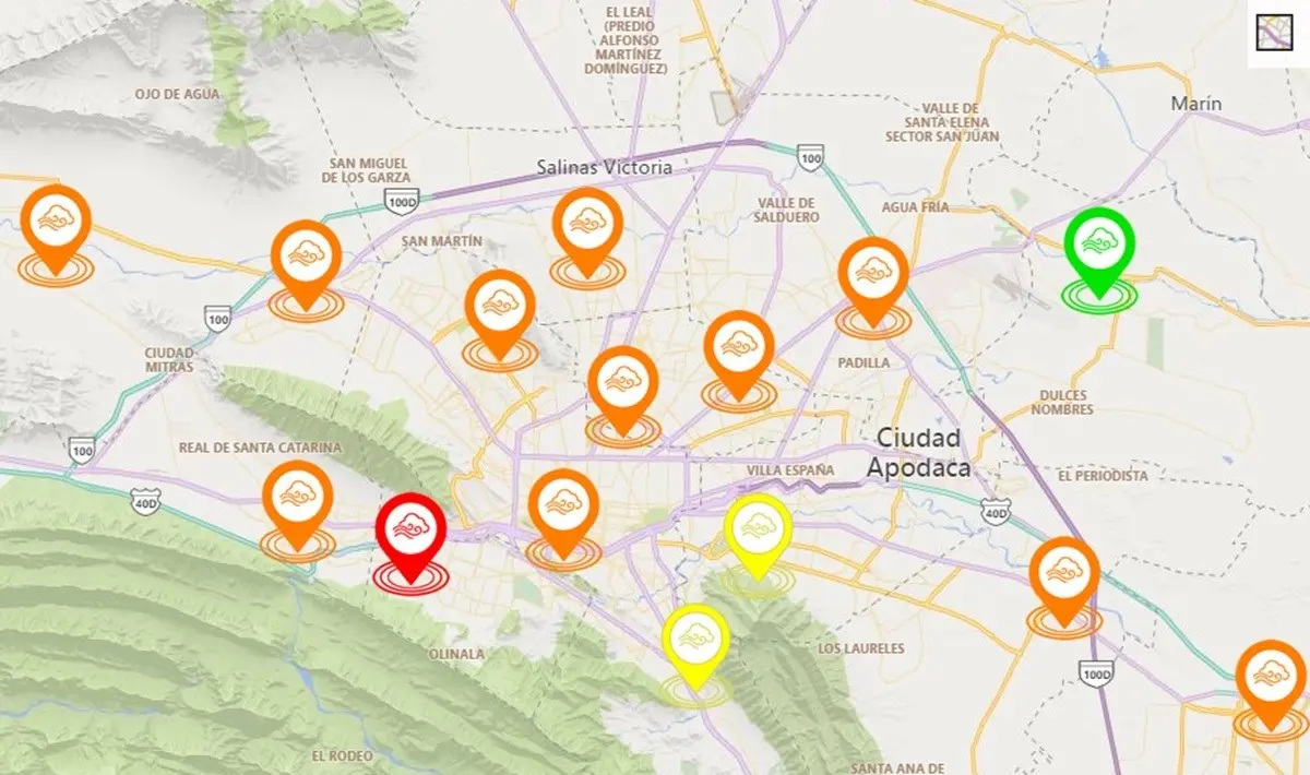 Monterrey y su área metropolitana registran mala calidad del aire con contaminante PM10. Foto: http://aire.nl.gob.mx/map_calidad.html