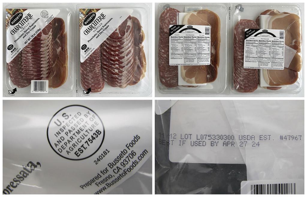Diferentes vistas de una bandeja de charcutería de Busseto con prosciutto, sopressata dulce y coppa. (U.S. Centers for Disease Control and Prevention via AP, Archivo)