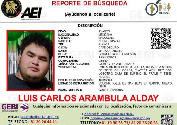 Buscan a Luis Carlos Arámbula Alday de 19 años