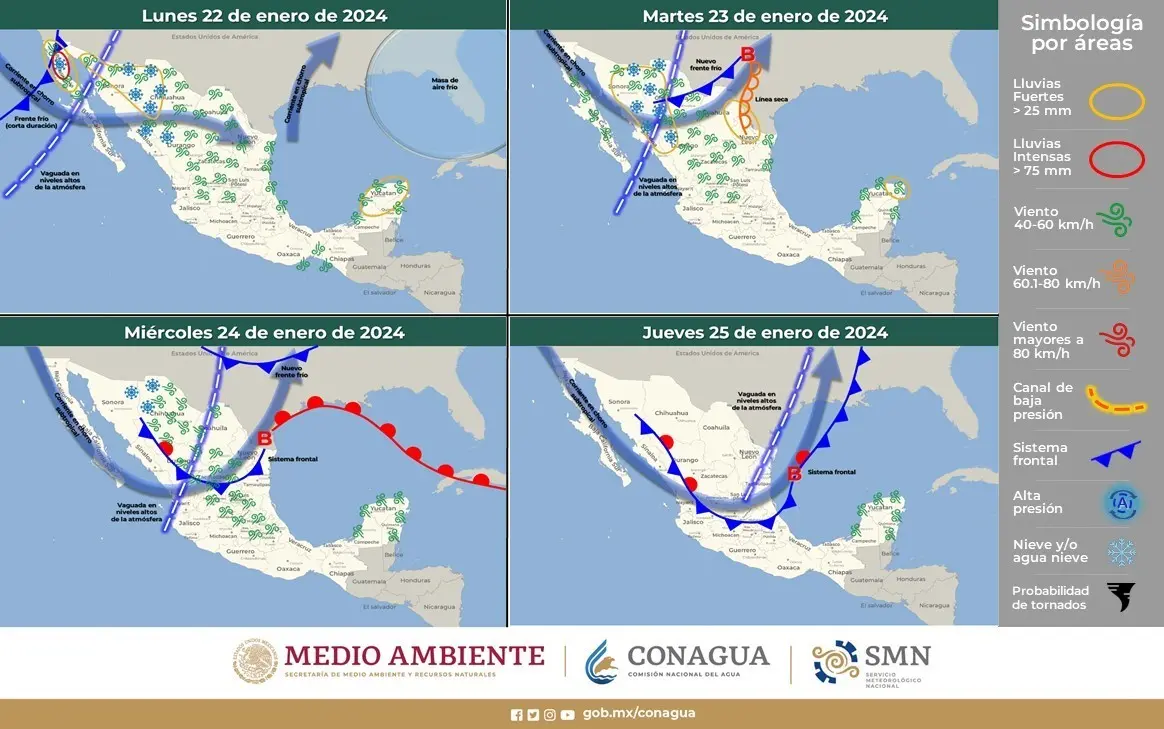 La llegada del frente frío 29 continuará los fenómenos de frío y lluvias en el país. Fuente: Servicio Meteorológico Nacional