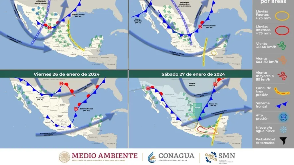 Clima del 24 de enero: entrada del frente frío #30, vientos fuertes y chubascos