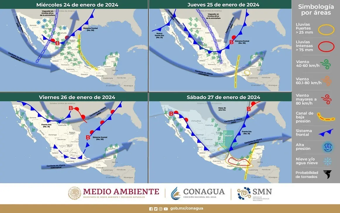 El mapa con datos climatológicos proporcionado por el Servicio Meteorológico Nacional para este miércoles 24 de enero. Fuente: Servicio Meteorológico Nacional