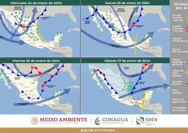 Clima del 24 de enero: entrada del frente frío #30, vientos fuertes y chubascos