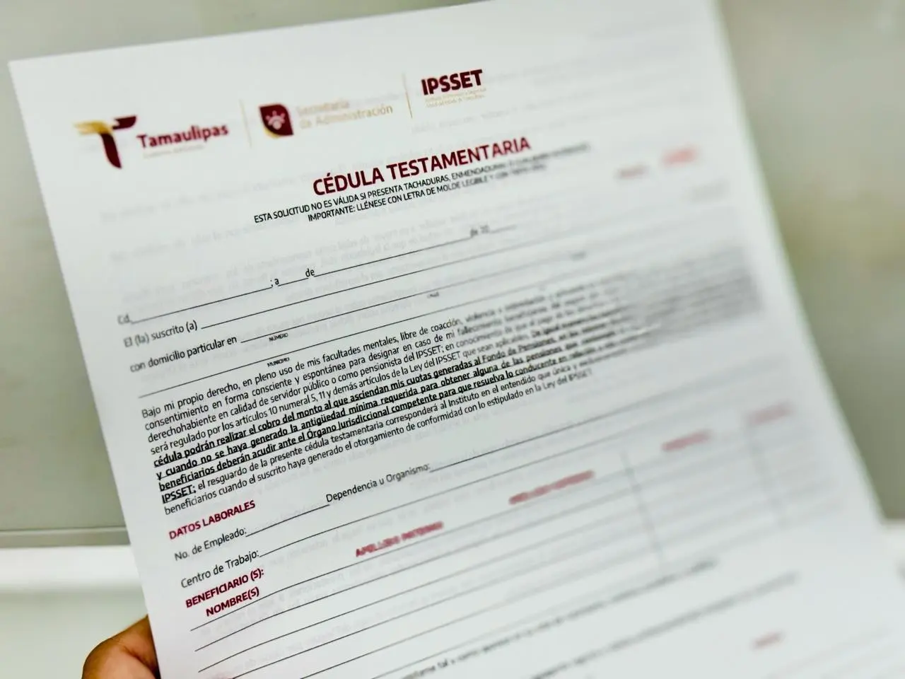 Formato de Cédula Testamentaria. Foto: IPSSET