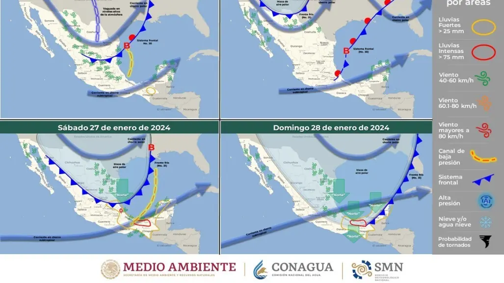 Clima del 25 de enero: Continúa frente frío #30 con lluvias a lo largo del país