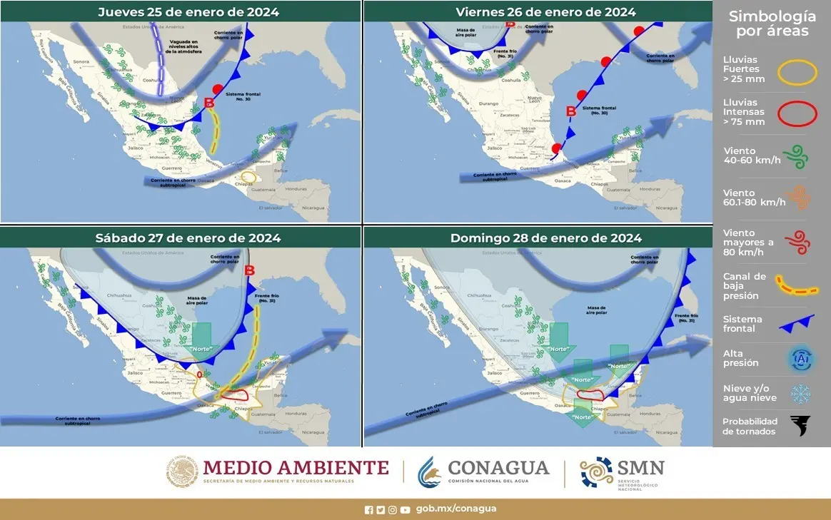 Mapa difundido por el Servicio Meteorológico Nacional sobre el estado del tiempo durante este jueves 25 de enero. Fuente: Servicio Meteorológico Nacional