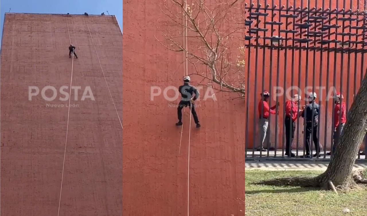 Al final del evento, el alcalde Luis Donaldo Colosio subió al Faro del Comercio para hacer un descenso a rapel. Foto: Especial/ POSTAMX