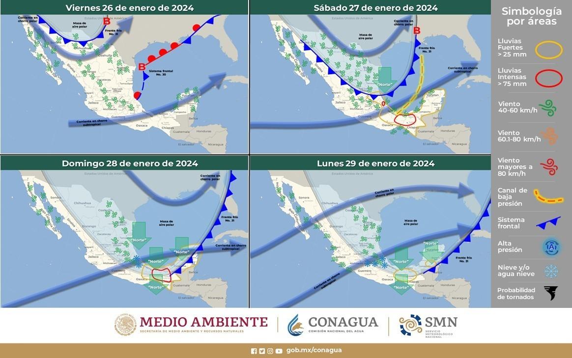 Mapa difundido por el Servicio Meteorológico Nacional para este 26 de enero de 2024. Fuente: Servicio Meteorológico Nacional