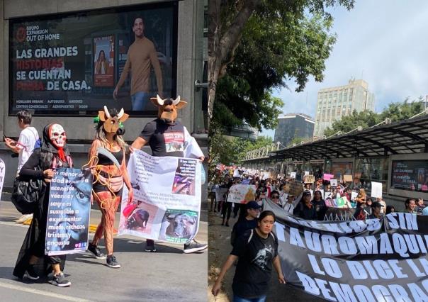 Activistas se manifiestan en contra de las corridas de toros en Plaza México