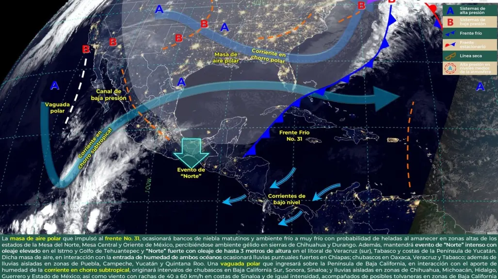 Clima del 29 de enero: frente frío #31, lluvias, cielos nublados y frío