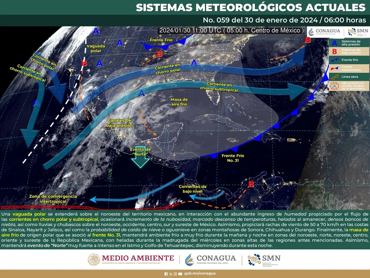 Mapa con el ambiente pronosticado para este martes 30 de enero. Fuente: Servicio Meteorológico Nacional