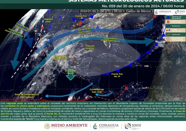 Clima del 30 de enero: frente frío #31 permanece, más fríos y cielos nublados