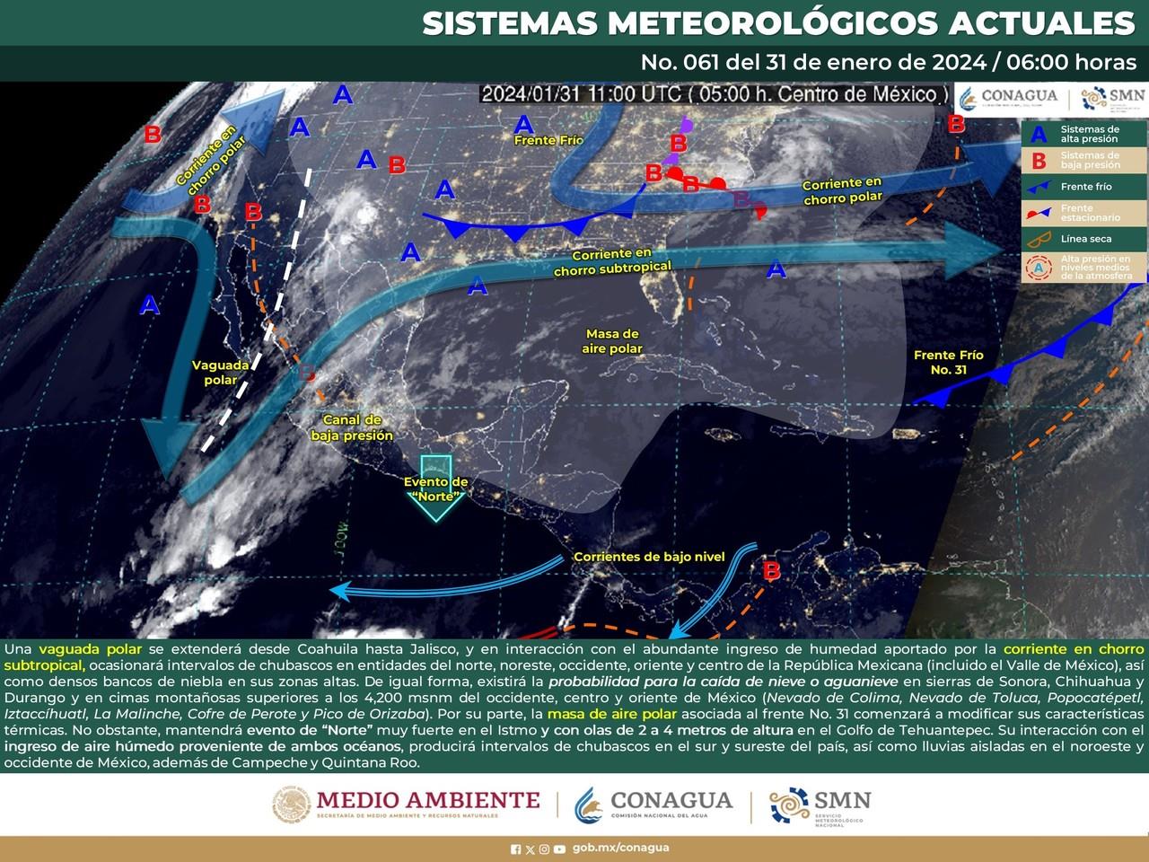 Mapa meteorológico de México para el 31 de enero del 2024. Fuente: Servicio Meteorológico Nacional