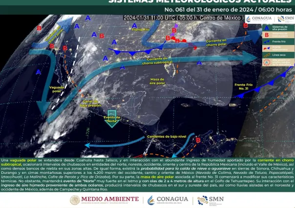 Clima del 31 de enero: continúa frente frío 31, cielos nublados y lluvias