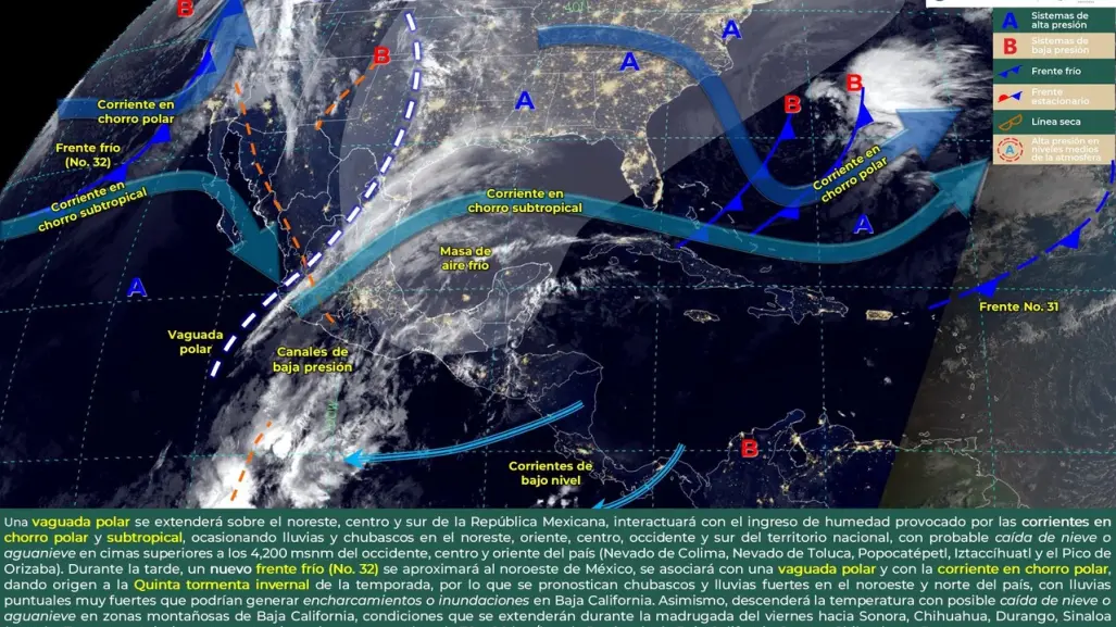 Clima 1 de febrero: frente frío #32, lluvias fuertes y quinta tormenta invernal