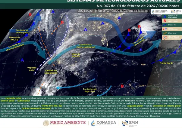 Clima 1 de febrero: frente frío #32, lluvias fuertes y quinta tormenta invernal