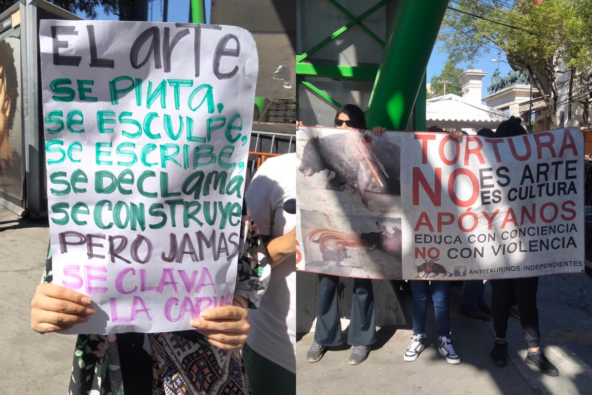 Activistas se manifiestan de forma pacífica contra las corridas de toros en CDMX. Foto: @Teofilo51726535