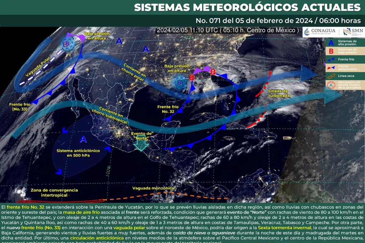 Mapa meteorológico de México del 5 de febrero del 2024. Fuente: Servicio Meteorológico Nacional