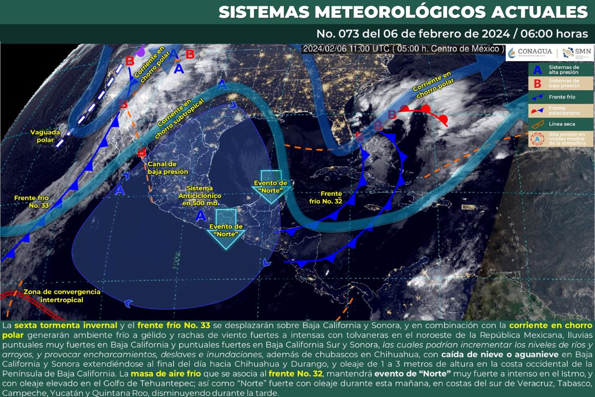 Mapa meteorológico de México del 6 de febrero de 2024. Fuente: Servicio Meteorológico Nacional