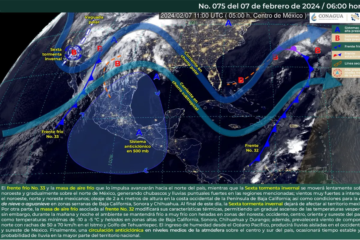 Mapa meteorológico de México para el 7 de febrero de 2024. Fuente: Servicio Meteorológico Nacional