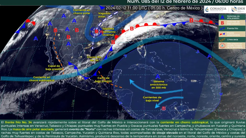 Clima del 12 de febrero: frente frío #34, tardes templadas y lluvias en México