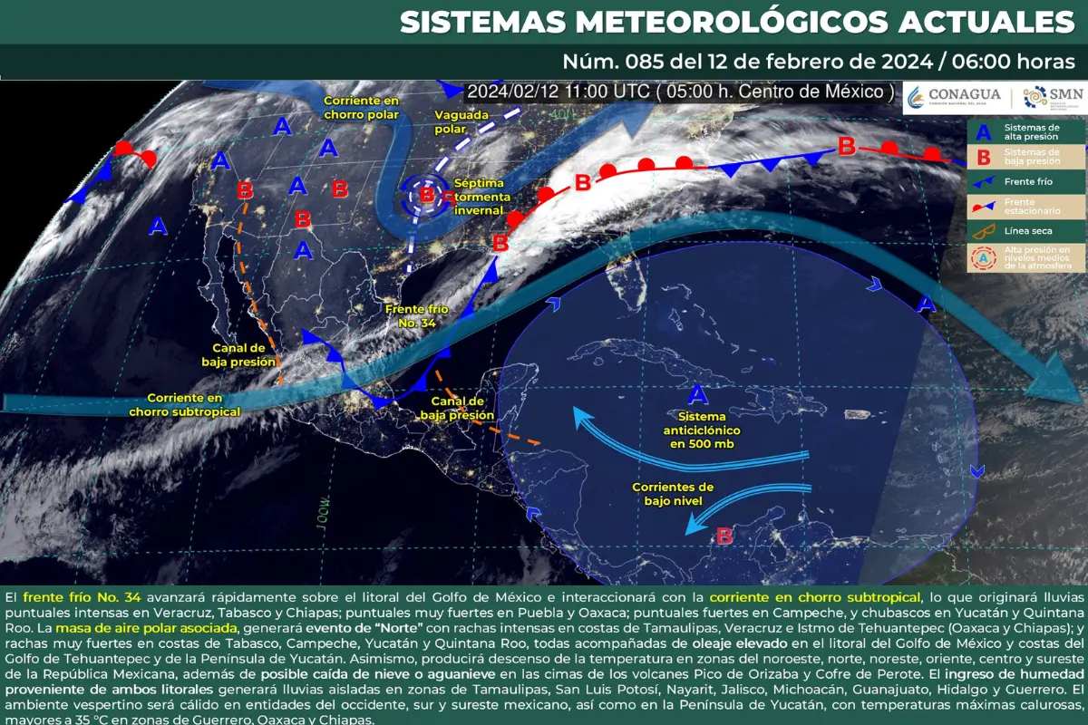 Mapa meteorológico de México del 12 de febrero. Fuente: Servicio Meteorológico Nacional