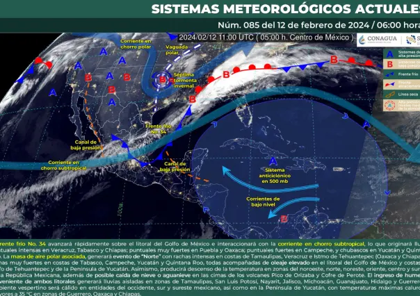 Clima del 12 de febrero: frente frío #34, tardes templadas y lluvias en México