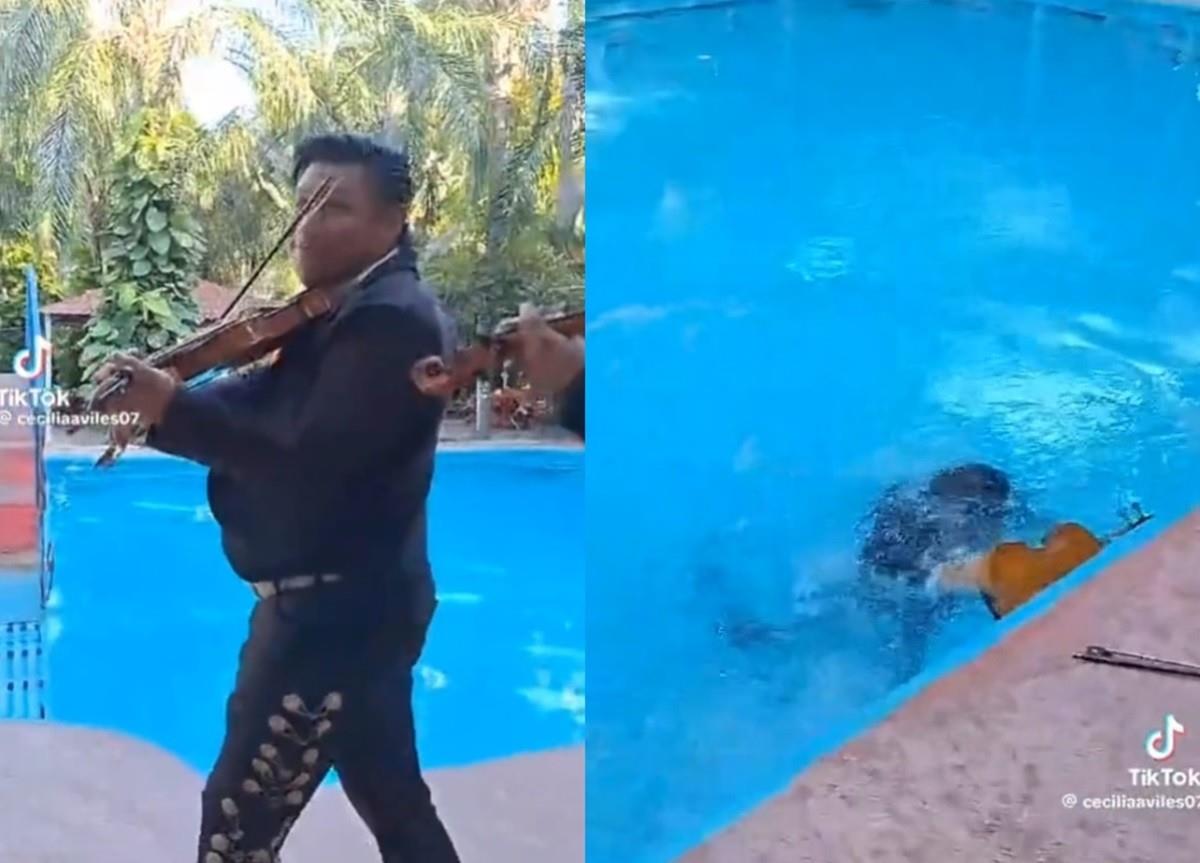 La caída del mariachi en la alberca causó la risa de sus compañeros de agrupación y de los invitados a la fiesta. Foto: TikTok @tupoc78