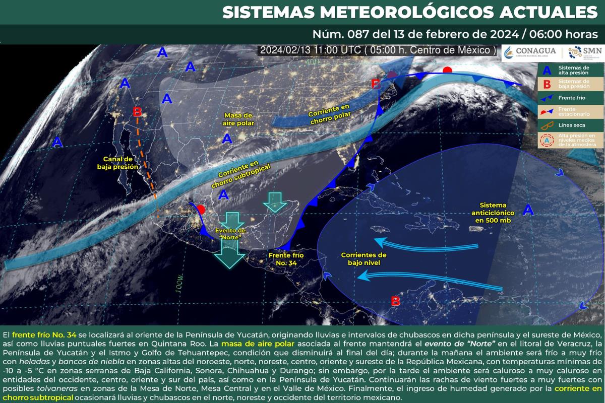 Mapa meteorológico de México del 13 de febrero de 2024. Fuente: Servicio Meteorológico Nacional