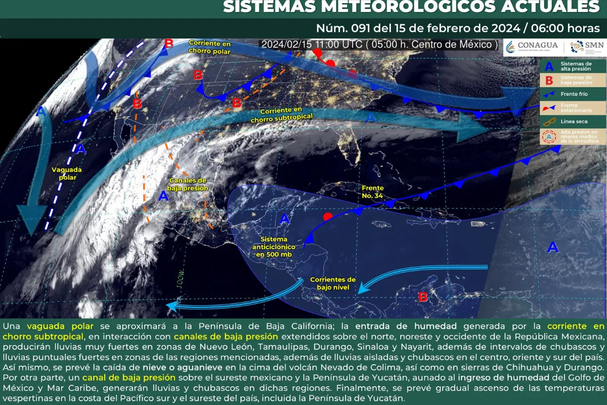 Mapa meteorológico de México del 15 de febrero de 2024. Fuente: Servicio Meteorológico Nacional