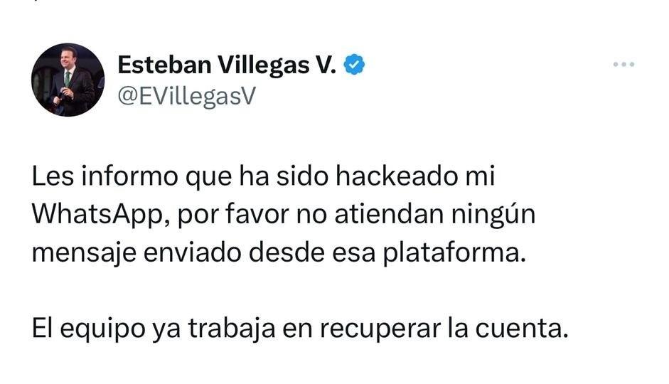 El Gobernador de Durango, Esteban Villegas anunció que su cuenta de Whatsapp había sido hackeada, por lo que ya se encontraban recuperando su cuenta. Foto: Facebook Esteban Villegas.