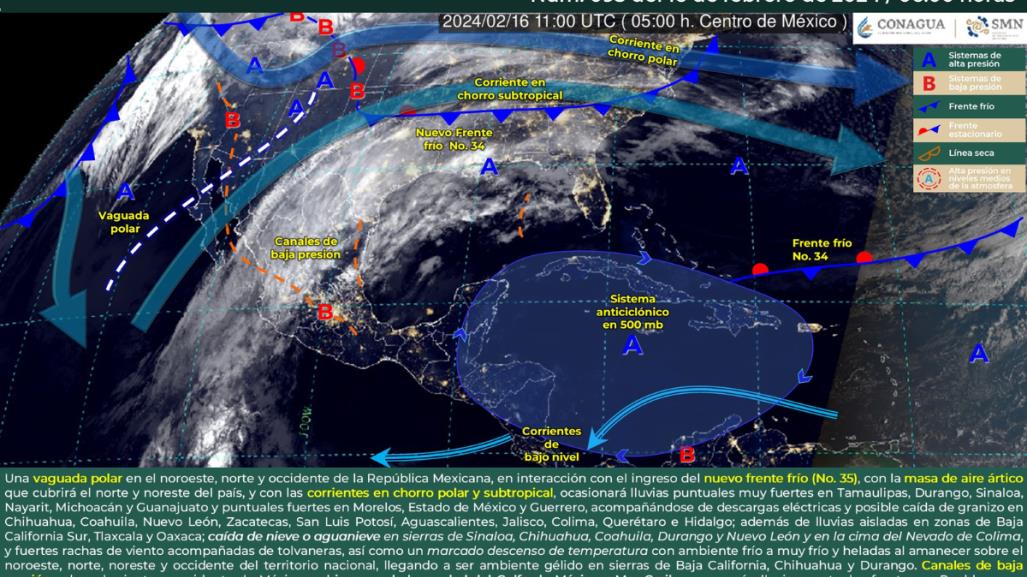 Clima 16 de febrero: entrada de frente frío no.35 y lluvias a lo largo de México