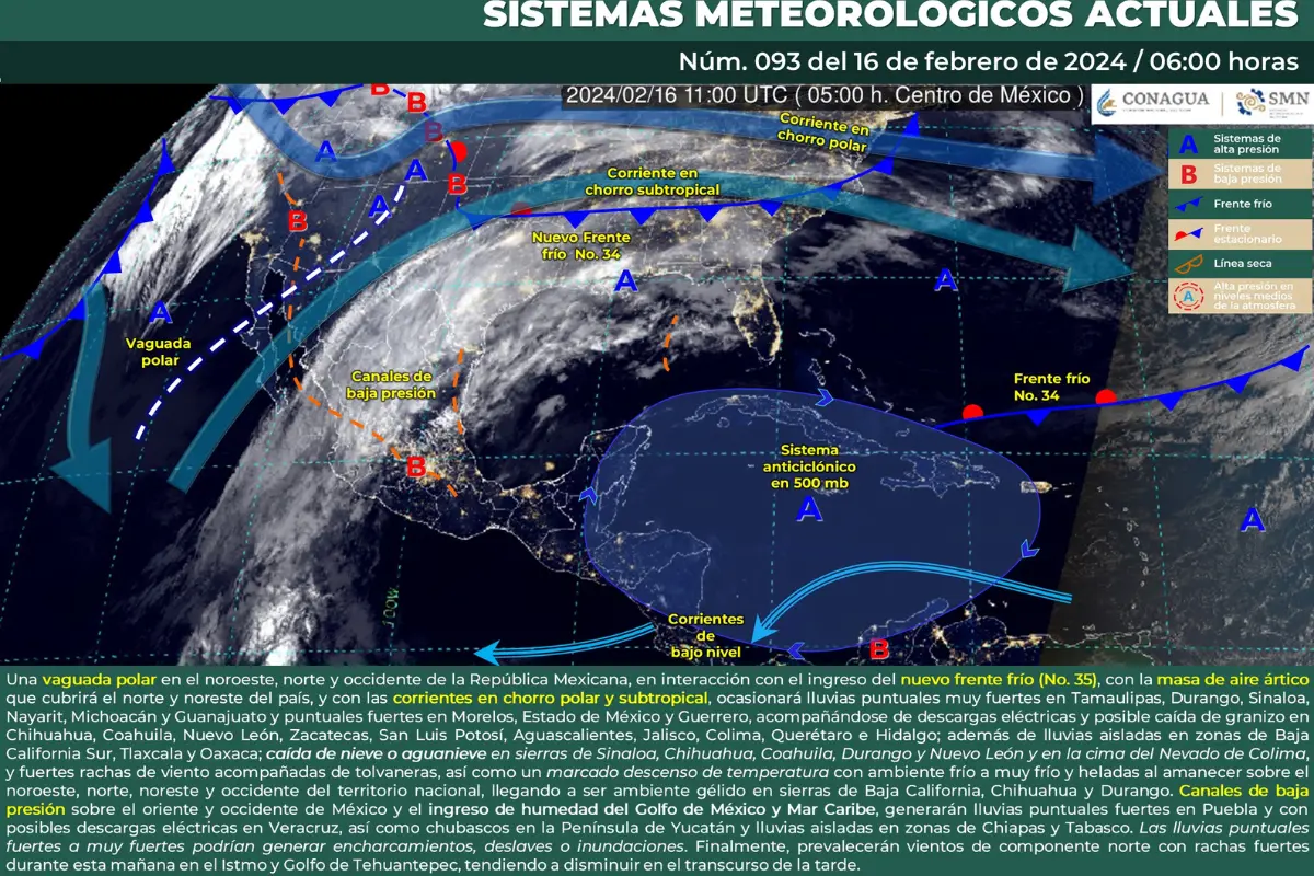 Mapa meteorológico de México para el 16 de febrero de 2024. Fuente: Servicio Meteorológico Nacional