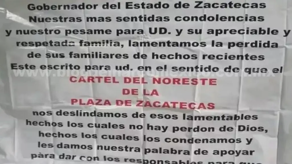 ¿Cartel del Noreste manda condolencias al gobernador de Zacatecas?