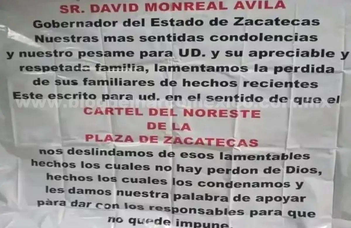 La manta que apareció en Fresnillo | Fuente: X @blogdelnarcomx