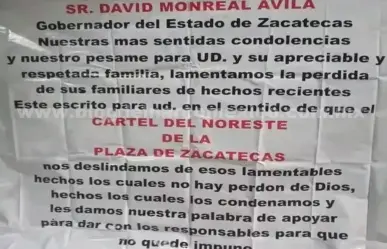 ¿Cartel del Noreste manda condolencias al gobernador de Zacatecas?