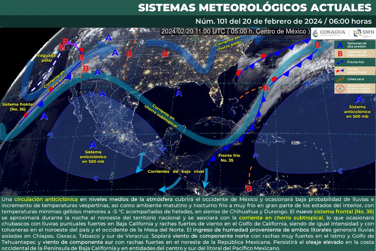 Mapa meteorológico de México del 20 de febrero del 2024. Fuente: Servicio Meteorológico Nacional