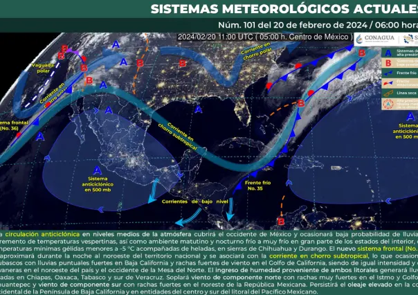 Mañana y noche fría, tarde templada en México y entrada nocturna de frente frío