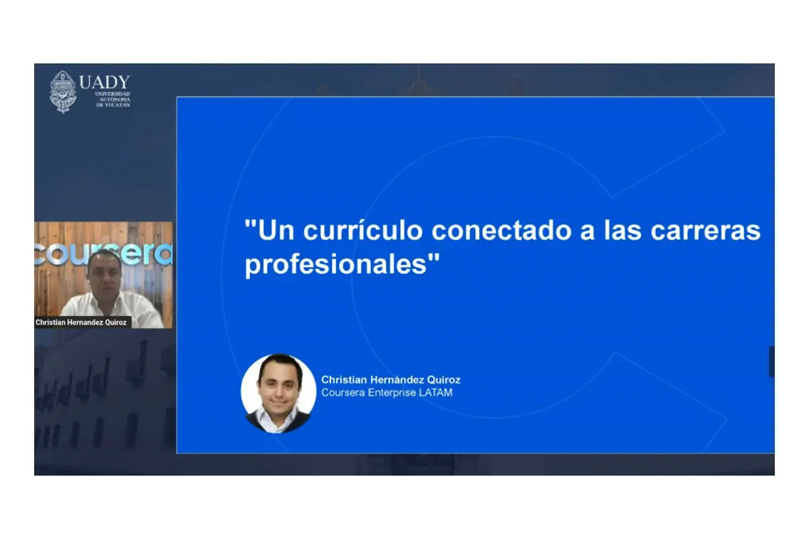 El jefe de Coursera Campus México realizó una conferencia virtual en el marco de la Feria Universitaria de Profesiones 2024  en la que destacó la importancia de los certificados profesionales.- Foto de la Uady