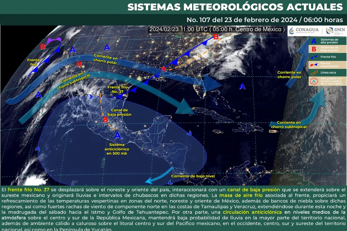 Mapa meteorológico de México del 23 de febrero de 2024. Fuente: Servicio Meteorológico Nacional