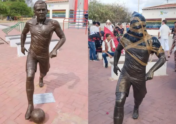 Continúan vandalizando la estatua de Dani Alves; exigen que sea retirada