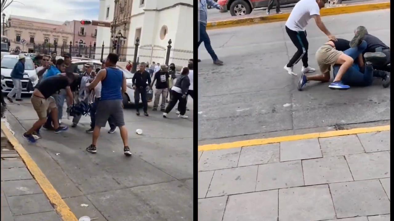 Este martes 27 de febrero un grupo de comerciantes del ex cuartel Juárez, protagonizaron una pelea en plena avenida 20 de Noviembre. Foto: Especial.