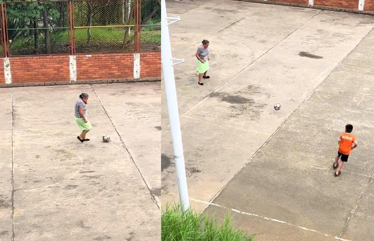 Una abuelita demuestra su habilidad física para jugar futbol con su nieto; ahora la conocen como Maradoña. Foto: TikTok chucho.dice