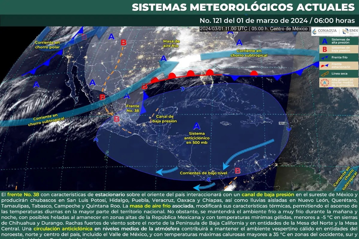 Mapa meteorológico de México del 1 de marzo de 2024. Fuente: Servicio Meteorológico Nacional