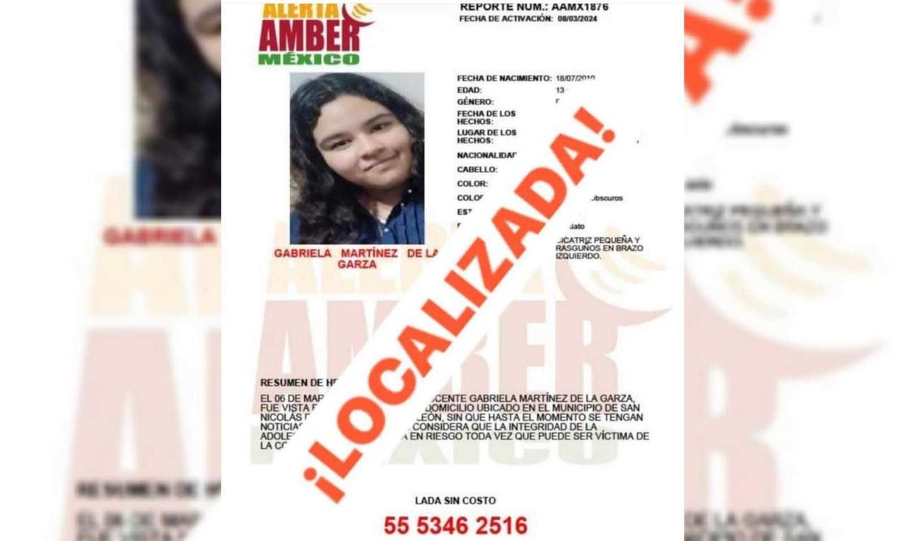 La Agencia Estatal de Investigaciones había activado la Alerta Amber para ayudar a encontrar a Gabriela Martínez de la Garza, quien había desaparecido en San Nicolás de los Garza. Foto: Especial.