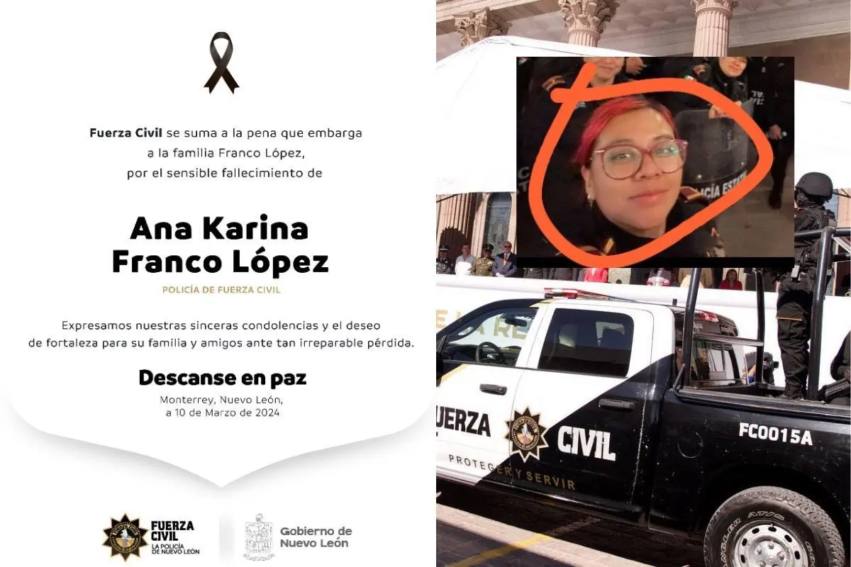 Lamentan autoridades de seguridad el fallecimiento de la mujer policía a manos de su esposo también miembro de Fuerza Civil. Foto: Especial