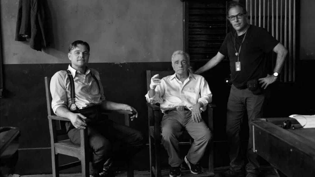 Rodrigo Prieto junto a Martin Scorsese y Leonardo DiCaprio en el set de Los Asesinos de la Luna. Foto: Paramount Pictures